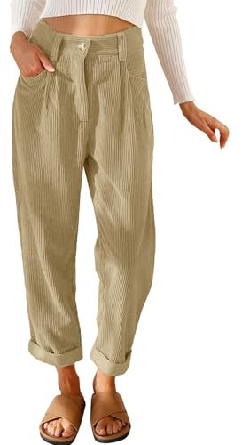 Cordhose Damen Casual High Waist Tapered Hose Baumwoll Gerades Bein Hosen Einfarbig Freizeithosen mit Taschen (Khaki, L)