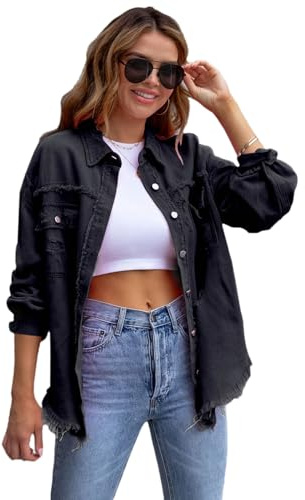 amropi Jeansjacke für Damen Denim Bluse leicht Jacket Ausgefranster Saum Jeansmantel Schwarz, S