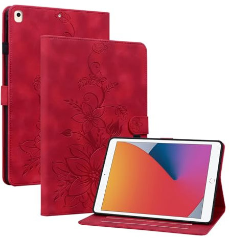 Rosbtib Coque pour iPad 9e/8e/7e génération 10,2 Pouces 2021 2020 2019, Multi-Angles de Visualisation Housse de Protection en Similicuir avec Porte-Carte Couverture Motif Lys, Rouge