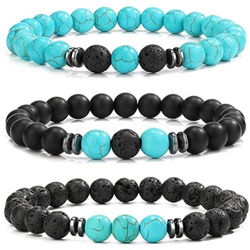 LOCCY Perlenarmband Herren, 3 Stück 8mm Perlenarmbänder Set Stretch Tigerauge Armband Lavastein Perlen Armband für Männer Fraun für Geburtstag Vatertag Weihnachten Geschenke (Set 7-Elastisch)