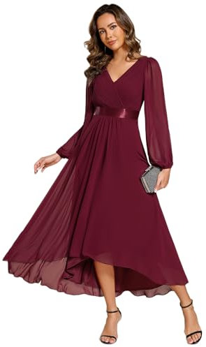 Ever-Pretty Women Dress Elegant Evening Dress High-Low Chiffon with Deep V and High Waist Design Bridesmaid Wedding Guest Dress Burgundy 12UK