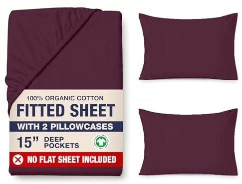 LANE LINEN Fitted Sheet Double – 100% Organic Cotton, Soft & Breathable Bottom Sheet with 2 Pillowcases, 35 cm Deep Pocket, All-Around Elastic – Windsor Wine