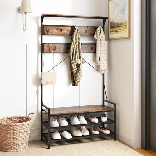 COSTWAY 184 cm Garderobenständer mit Schuhablage, Schuhregal mit Garderobe, Kleiderständer mit Sitzbank, inkl. 11 Haken, für Flur, Wohnzimmer, Schlafzimmer, Metallrahmen (Braun)