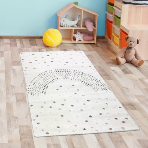 CARPETIA Teppich Kinderzimmer Babyzimmer Spielzimmer Regenbogen-Muster pflegeleicht weich schadstofffrei langlebig modernes Design sanfte Farben Krabbelunterlage Creme Mehrfarbig 80 x 150 cm