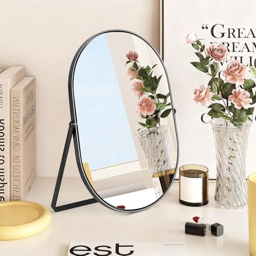Oval Makeup Mirror with Metal Frame, Dressing Table Mirror with Stand-Black | Portable 360°Swivel Adjustable, 12.2*8.8in Single-Sided Desk Mirrors for DressingTable,Desktop,Shaving,Bedroom,Bathroom