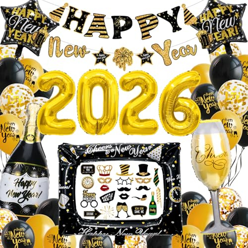Silvester Deko 2026 XXL Dekoration Set, Neujahr Silvesterdeko, Happy New Year Girland mit Luftballons Foto Requisite Party Deko Silvester Accessoire für Silvesterparty