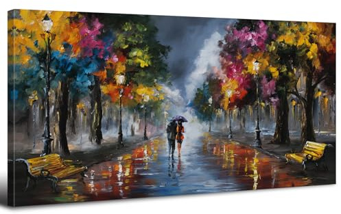 Abstrakt Bunt Straßenansicht Leinwand Bilder Nacht Paar geht auf der Straße Mit Rahmen Groß Leinwandbilder Bild auf Leinwand Malerei Wasserfarbe Heim Schlafzimmer Morden Liebe Wanddekoration 50x100cm