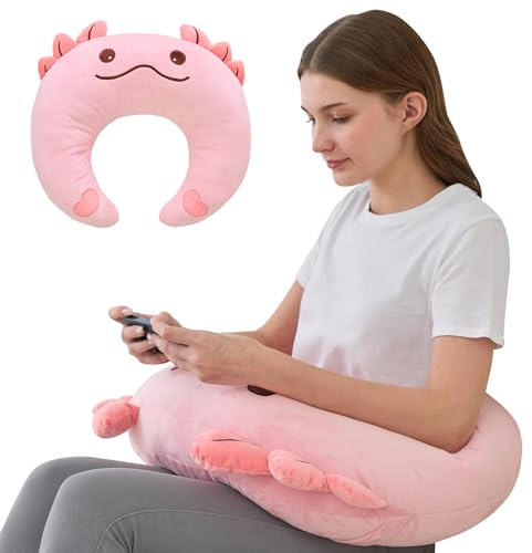 MLdian Cute Gaming Accessories Pillow for Lap - Plush Reading & Crocheting Pillow for Sitting in Bed, Soft Arm Support Cushion for Tablet/iPad, Kawaii Room Decor Gift Teen Girls & Pink Axolotl Lovers