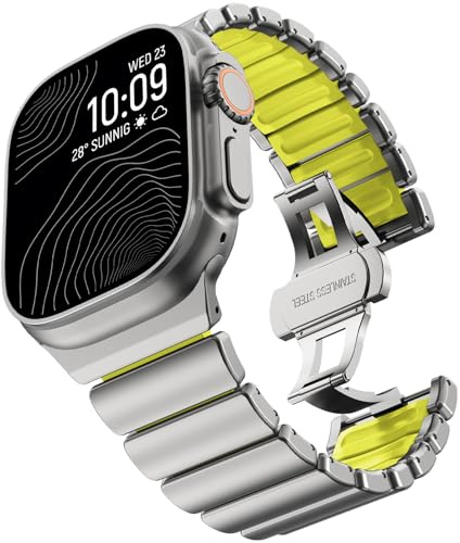 CHANCHY Edelstahl-Silikon Dual-Layer Gliederarmband für Apple Watch Ultra 3/2/1 armband 49mm 46mm 45mm 44mm, Metallarmband kompatibel mit iWatch Series 11 10 9 8 7 6 5 4 SE, Titan/Gelbgrün