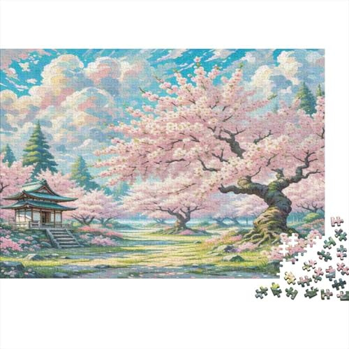 Fleur de Cerisier Papier Premium Arbre de Cerisier en Fleurs avec pavillon Japonais Puzzle à Monter soi-même pour Enfants de +12 Ans Cadeau de Noël Amusant 52x38cm/1000 pièces