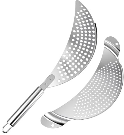 Guduling 2 Pcs Pot Strainer Half Moon,2 Shape Pot Strainer with Handle,Stainless Steel Noodles,Fried Foods & Fruit