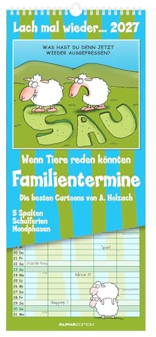 Lach mal wieder... Familienplaner 2027: Familienkalender 19,5x45 cm mit 4 Spalten, lustigen Cartoons, Schulferien & deutschem Kalendarium, für humorvolle Familienorganisation