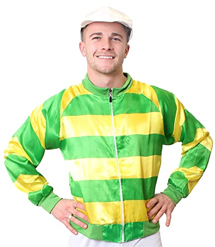 Green and Yellow Jockey Costume - Large - Fancy Dress Outfit With Jacket & Hat - Perfect for Stag Nights Green and Yellow Zip Up Jacket