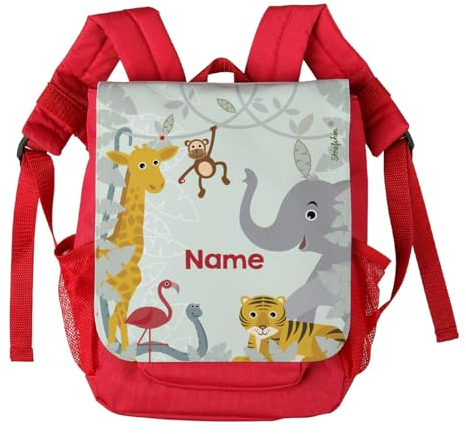 Striefchen® Rucksack für Kinder in Rot - Dschungeltiere - mit Aufdruck des Namens