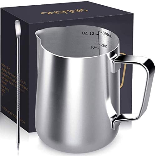 Milchkännchen,DINGHENG Milk Pitcher 350ml / 12 fl.oz. Milchkanne aus Edelstahl Milch Aufschäumen Krug Art Aufschäumk?nnchen, Latte Art' Pen/Barista Stift, Silber