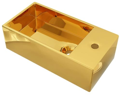 vidaXL Waschbecken mit Überlauf Aufsatzwaschbecken Waschtisch Waschplatz Handwaschbecken Waschschale Becken Badezimmer 49x25x15cm Keramik Golden