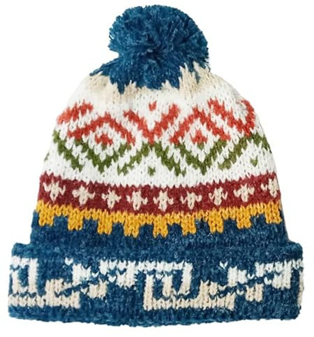 TINKUY Peru Alpaka Wolle Winter Beanie Handgemachte Bommelmütze Unisex Einheitsgröße, Stahlblau, Einheitsgröße