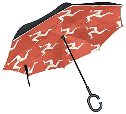 Regenschirm mit Isle of Man-Flagge, umgekehrt, doppelschichtig, Winddicht, wasserdicht, automatisch, umgekehrt, zusammenklappbar, mit C-förmigem Griff