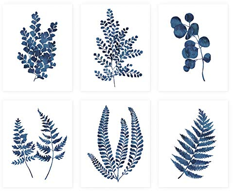Pink Pixie Studio Blue Ink Botanischer Farn Eukalyptus Laubdrucke, Set von 6 Stück, 12,7 x 17,8 cm, ungerahmt Aquarell-Indigoblatt Wandkunst, Leinwand-Poster, Malerei, Heimbüro-Dekor