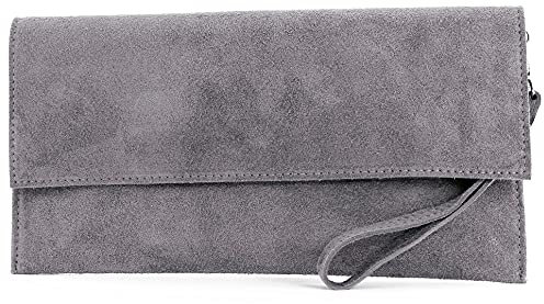 modamoda de T151 Damen Wildleder Rauleder Clutch Umhängetasche Abendtasche handmade in Italy, Farbe:Quarzgrau