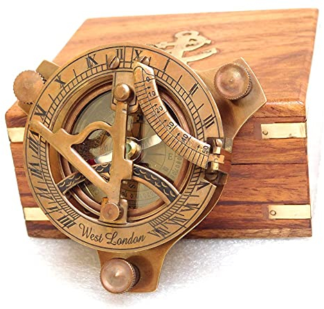 KHUMYAYAD Reloj de sol de latón con brújula náutica vintage réplica de reloj de sol con caja de palisandro