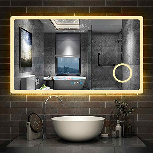 Aica Sanitär LED Spiegel Bad 120×70cm 3 Lichtfarbe 2700-6500K dimmbar Wandspiegel mit Uhr, Touch, Beschlagfrei,3-Fach Vergrößerung Schminkspiegel IP44 Kalt/Neutral/Warmweiß energiesparend