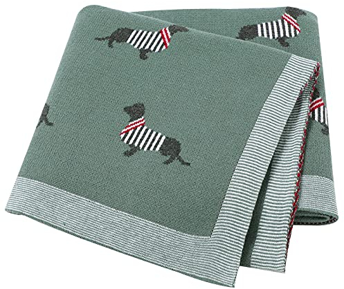 LAWKUL Babydecke 100% Baumwolle Weich Gestrickt Babydecken für Neugeborene Jungen Mädchen Dackel Wursthund 100x80cm Grün