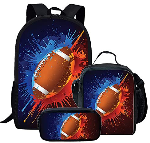 NETILGEN American Football Schulrucksack Für Kinder Kinder Grundschule Jungen Rugby Bookbags Lunch Tote Box Mini Schulranzentasche Federmäppchen Student Unisex Mit 3er Set