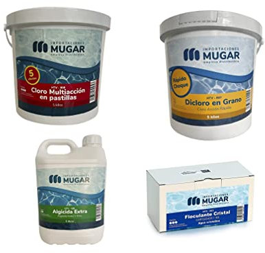 Mugar- Pack de Mantenimiento Piscinas de Gresites – Kit con 4 Productos: Cloro Choque, Cloro 5 Acciones, Anti-Algas y Floculante