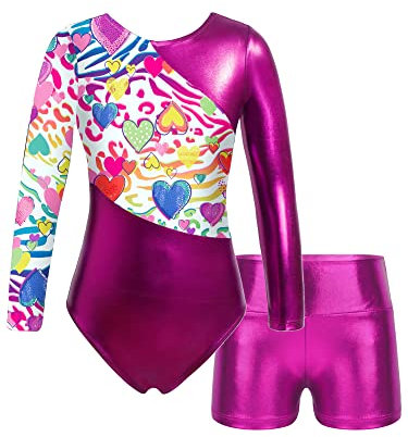 iEFiEL Mädchen Einhörner Turnanzug Langarm Glänzend Gymnastik Kleidung Set Muster Ballett Trikotanzug Tanzkostüme Langarmbody mit Shorts Rose 98-104
