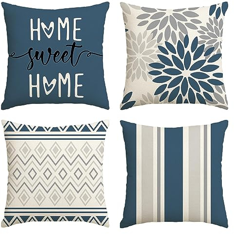 Artoid Mode Tiefblau Dahlien Geometrisch Frühling Kissenbezüge 4er Set, 45x45 cm Zierkissenbezug Cushion Cover Couch Wohnzimmer Außenbereich Deko