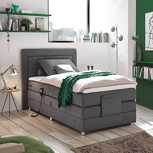 Lomadox Boxspringbett 180x200 cm mit elektrischer Verstellung | Doppelbett in grau mit Härtegrad H2