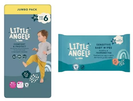 Little Angels Size 6 Nappies Jumbo 54 Pack + 60 Fragrance Free Baby Wipes