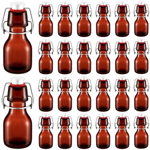 Tessco 24 Pcs Amber Mini Glass Bottle with Swing Top Decorative Mini Olive Oil Bottles Small 2 Oz Glass Jars with Lids for Wedding Themed Party Favors Crafts Extracts Decoration Vanilla Extract Sauce