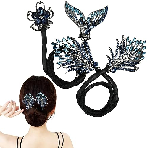 Whale Tail Rhinestone Flower Hair Clip, Lazy Hair Curler Deft Bun Maker, French Twist Bun Hairstyle Shaper, Ocean Blue Feather Hairpin Easy Bun Maker Hair Accessories for Women Girls (2pcs)