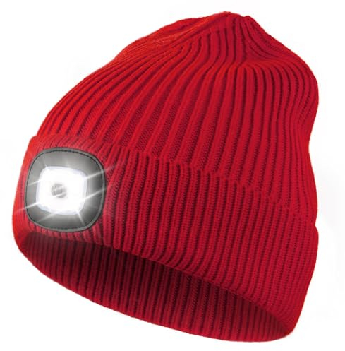 Wmcaps Mütze mit Led Licht, Strickmütze mit Licht Männer Geschenke Wiederaufladbare USB Laufmütze mit Licht Extrem Heller 4 LED Lampe Geschenke Männer Frauen Coole Sachen (Rot)