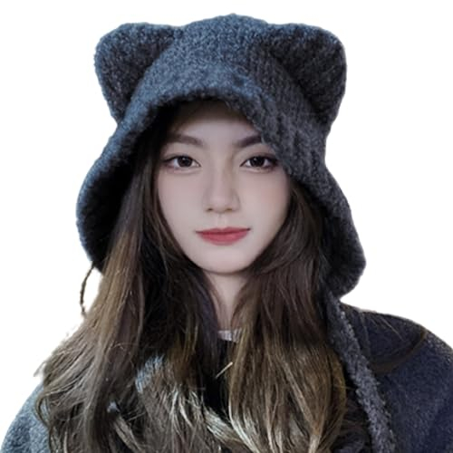 Reuvv Frauen Kawaii Bär Ohr Beanie Hut Niedliche Bär Beanies Ohr Warme Hut Plüsch Earflap Beanie Hut Slouchy Hat, Schwarze Schnürung, Einheitsgröße