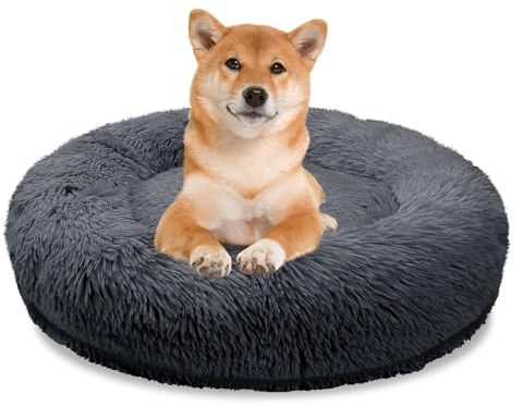 bluzelle Orthopädisches Hundebett für Mittelgroße Hunde, 80cm Donut Kissen Waschbar Memory Foam Rund, Hundekorb Hundekissen Flauschig Plüsch Kunstfell Weich, Farbe:Dunkel-Grau