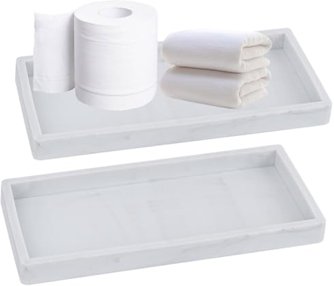 Qivine Bandejas Decorativas, Rectangular Bandeja Baño Bandeja Decorativa Antideslizante, 2 Piezas Mármol Decoracion Baño Bandeja Pequeña para Joyas Velas Jabón (20 x 10cm Blanco)