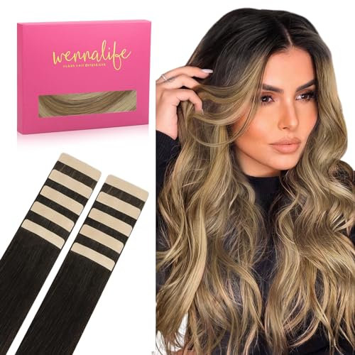 WENNALIFE Extension Cheveux Naturel Adhesive, 50cm 25g 10pcs Extension Adhesive Cheveux Naturel, Extension Cheveux Naturel, Brun Foncé à Brun Châtain et Blond Sale Accentué