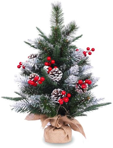 Kleiner Weihnachtsbaum | 2 ft Tisch-Weihnachtsbaum, 6 Tannenzapfen, 6 Beeren, 53 Spitzen (dünner, falscher, glänzender Schnee) | flauschig und realistisch | Weihnachtsstimmung