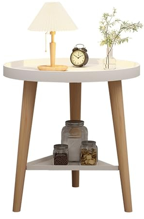 Petite table d'appoint ronde blanche avec 2 étagères et 3 pieds en bois, table basse, table de chevet pour salon, chambre à coucher, chambre d'enfant, balcon, jardin, style scandinave, 40 x 43 cm