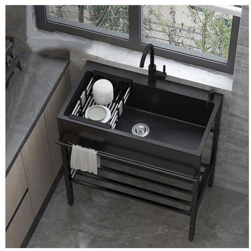 Évier Inox Pratique Évier à Linge Noir Autoportant Lave-mains Robuste Évier de Cuisine Commercial Monocompartiment avec Robinets Chauds et Froids Relevables et Extractibles Pieds Réglables(65x45x86cm/