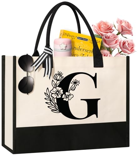 Bolsa de lona personalizada con inicial, adecuada para cumpleaños, bodas, playa, vacaciones, regalos para mujeres, mamá, profesores, enfermeras, mejores amigas, damas de honor (G)