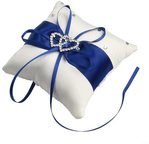 Weißes Satinband Doppelherz Hochzeitsringkissen Kristall Brautkissen (blau)