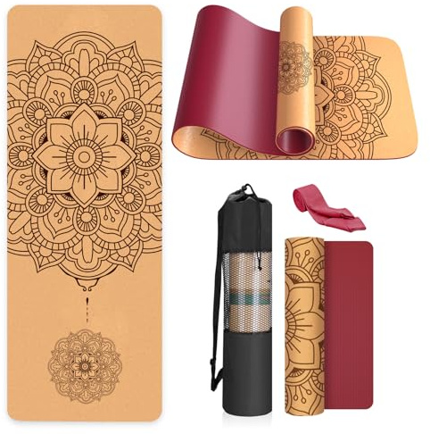 Haninj Eco-Friendly Cork Yoga Mat Non Slip Unique Design Natural Cork TPE Exercise Mat with Carry Bag and Strap For Home, Pilates,Aerobic,Gym & Workout 72 X 24