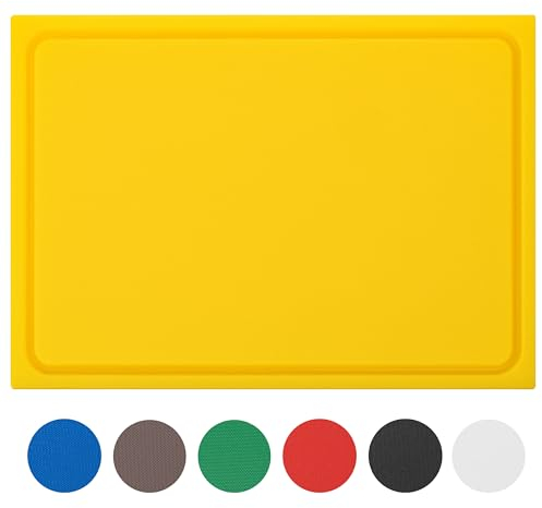 MUVELL Planche à découper en plastique PE-HD Blanc, 45x30x2 cm, passe au lave-vaisselle, extra épaisse, n'abîme pas les couteaux bac à jus (Jaune, 45x30x2 cm)