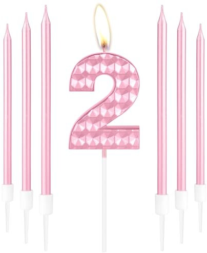 2nd Birthday Decorations - Pink 3D Number 2 Candles, Long Candle, Cake Topper for Girls Kids Women Birthday Party Wedding Anniversary Supplies