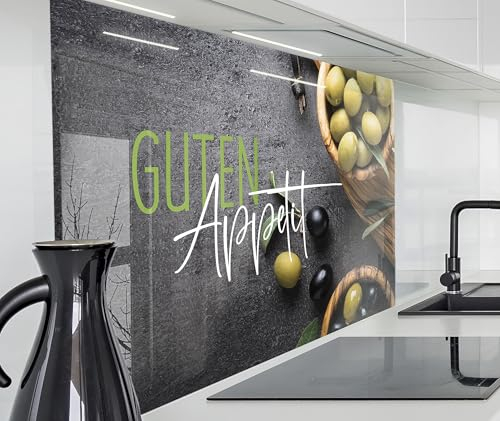 timalo Spritzschutz Wand für Herd, Küche Küchenrückwand Glasoptik | Acryl Glas 2mm | Glasrückwand Acrylglas Wandpaneele Rückwandschutz Platte | 80x60cm Oliven Schiefer Guten Appetit