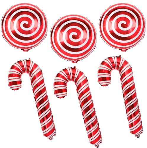 6 Stück 2 Muster Weihnachten Luftballons Zuckerstangen Lutscher Weihnachtsdeko Helium Ballons Süßigkeiten Deko Folienballons Christbaumschmuck für Neujahr Christmas Party Xmas Dekoration
